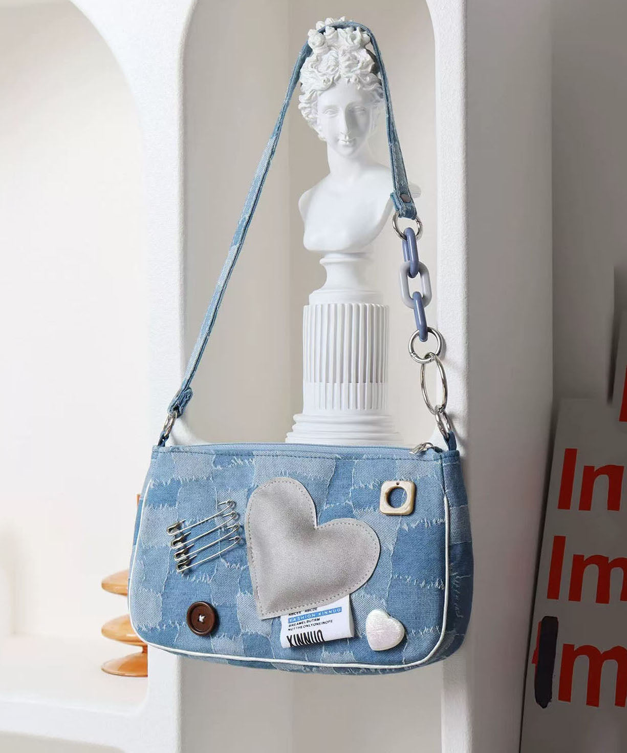 Sacs à main bandoulière uniques en denim bleu imprimé patchwork Love - Amawinc