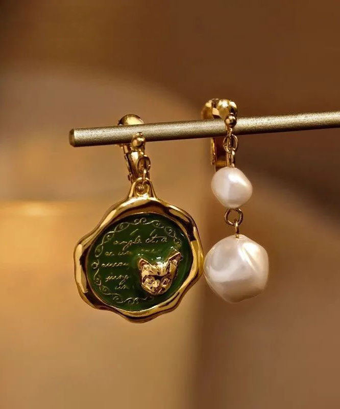 Boucles d'oreilles pendantes asymétriques chat en alliage d'or et perles - Amawinc