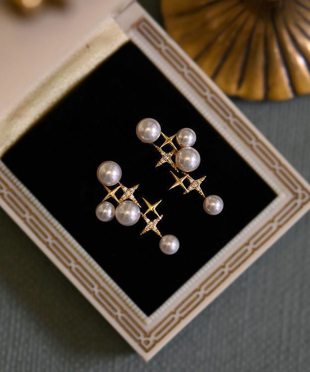 Boucles d'oreilles à tige en argent sterling et perles dorées uniques - Amawinc