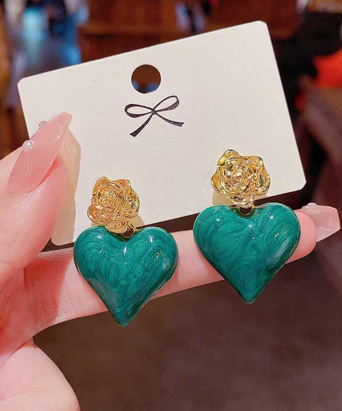 Boucles d'oreilles pendantes uniques en alliage vert émaillé rose Love - Amawinc