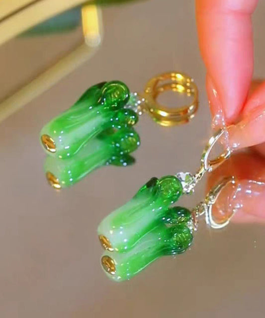 Boucles d'oreilles pendantes uniques en argent sterling vert avec glaçure colorée en forme de chou chinois - Amawinc