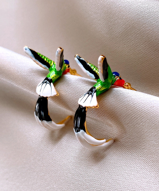 Boucles d'oreilles créoles uniques en cuivre émaillé multicolore à motif de petits oiseaux - Amawinc