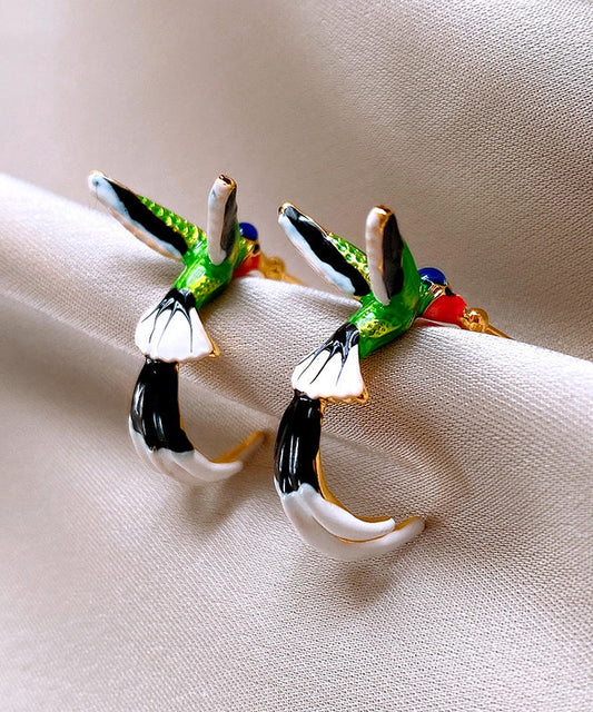 Boucles d'oreilles créoles uniques en cuivre émaillé multicolore à motif de petits oiseaux - Amawinc