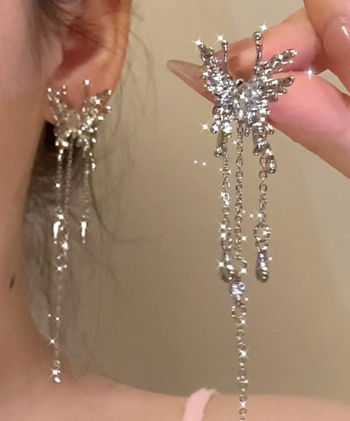 Boucles d'oreilles pendantes uniques en alliage de métal et soie avec pampilles papillon et zircon - Amawinc