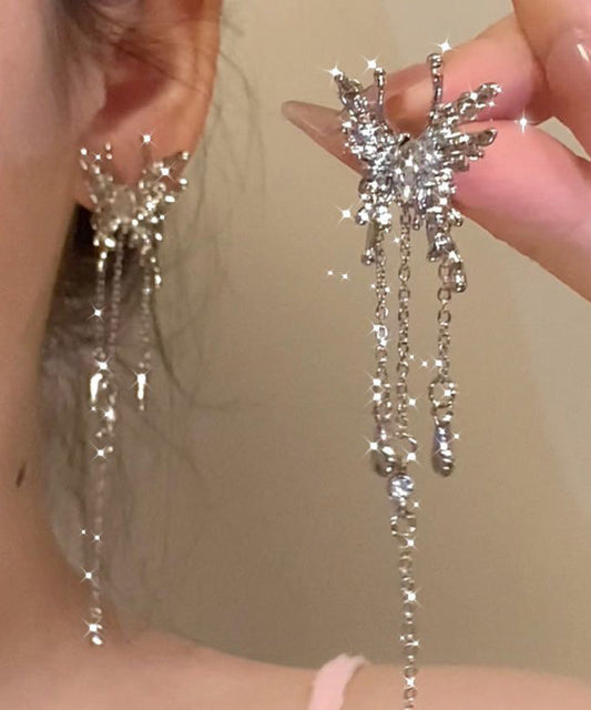 Boucles d'oreilles pendantes uniques en alliage de métal et soie avec pampilles papillon et zircon - Amawinc