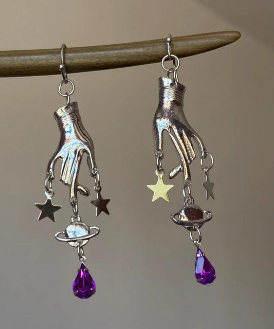 Boucles d'oreilles pendantes uniques en soie, acier inoxydable et cristal, ornées d'une étoile à cinq branches. - Amawinc
