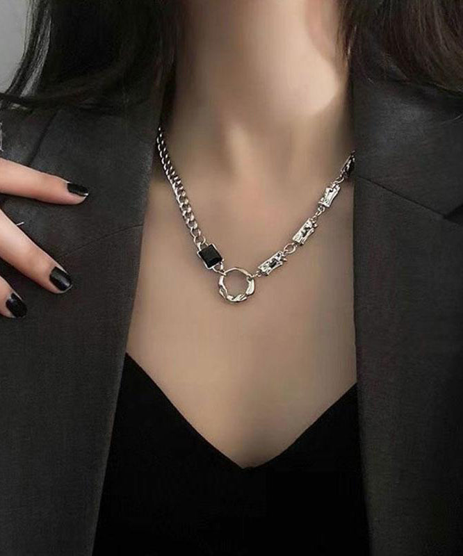 Collier sautoir asymétrique unique en soie, argent sterling et obsidienne patchwork - Amawinc