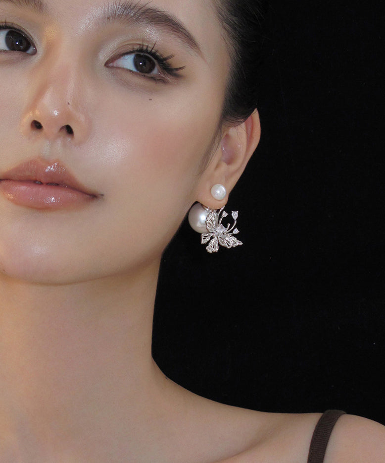 Boucles d'oreilles papillon uniques en argent sterling avec perles blanches - Amawinc