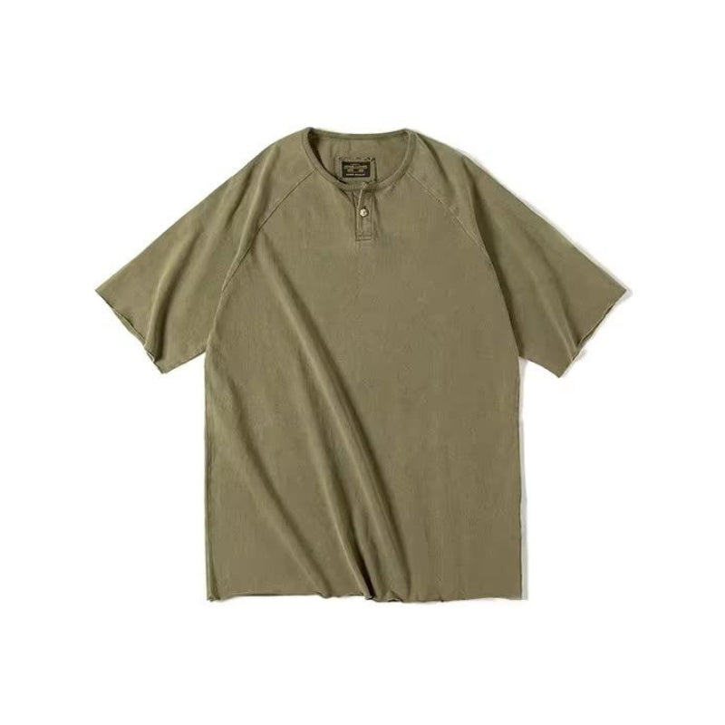 Henley Lourd Lavé En Coton Robuste Avec Silhouette Ample Et Détails Usés Et Boutonnage Traditionnel