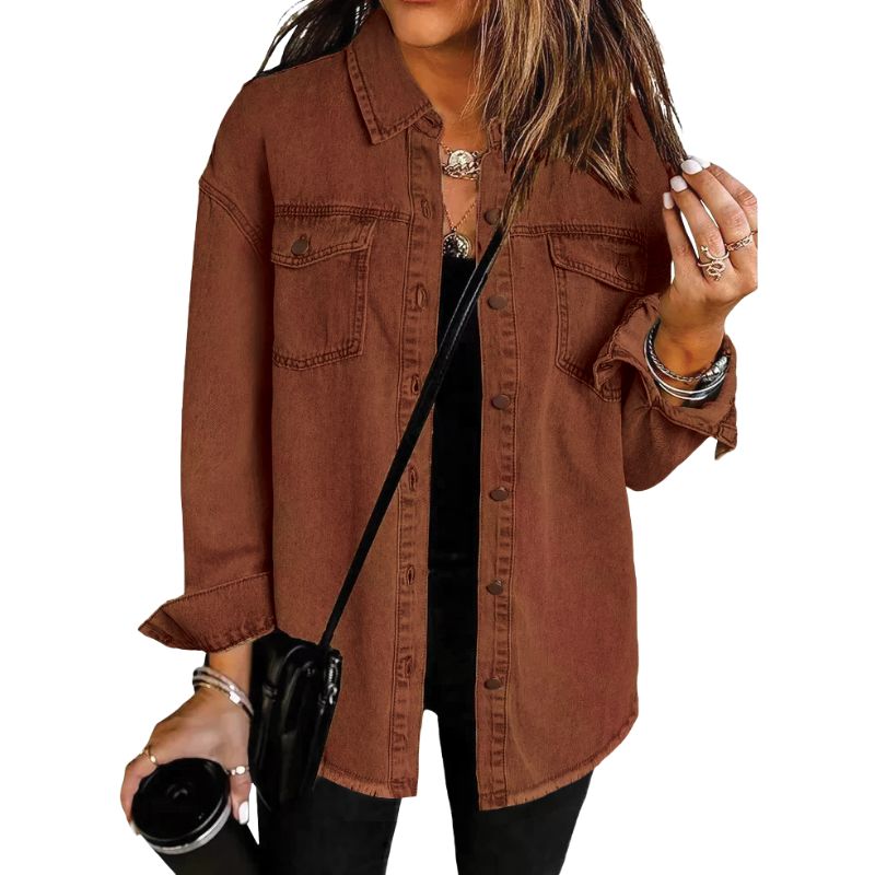 Sophia Amawinc Veste Chemise Denim Doux Lavé Coton Ourlet Frangé Décontractée Pour Superposition