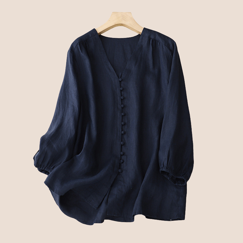 Blouse Femme Léger En Coton Et Lin Col V Avec Bord Volant Et Bouton Manches Longues Pour Toutes Occasions