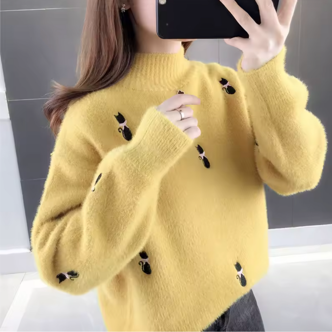 Pull Cachemire Salem Mochi Col Demi Haut Maille Douce et Chaude Coupe Décontractée Détails Brodés