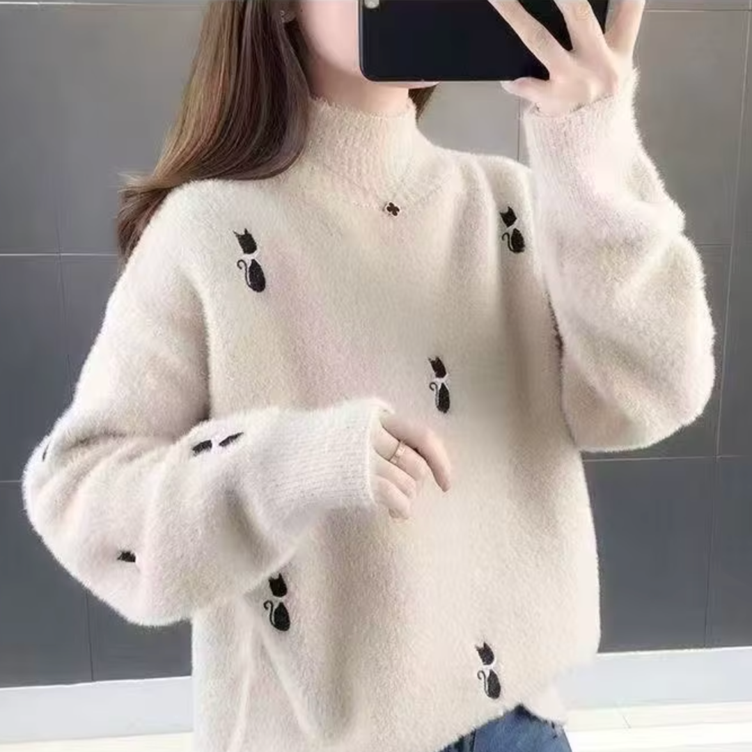 Pull Cachemire Salem Mochi Col Demi Haut Maille Douce et Chaude Coupe Décontractée Détails Brodés