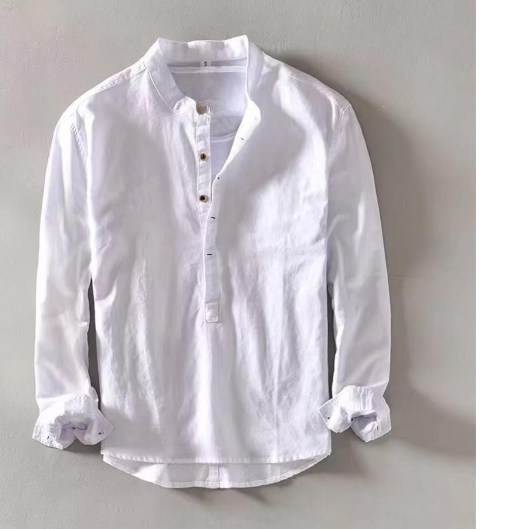 Amawinc Chemise Homme Été en Lin Mélangé Col Debout Manches Longues Respirante Décontractée