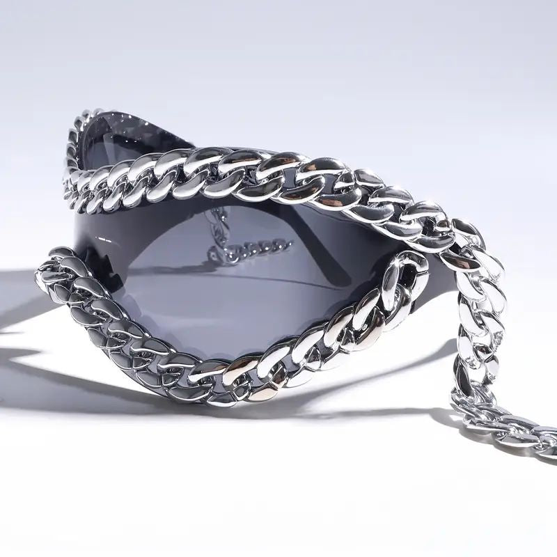 CORVUS Lunettes De Soleil À Cadre Enveloppant Sculpté Avec Maillons De Chaîne Lourds Et Verres Miroirs Haute Brillance