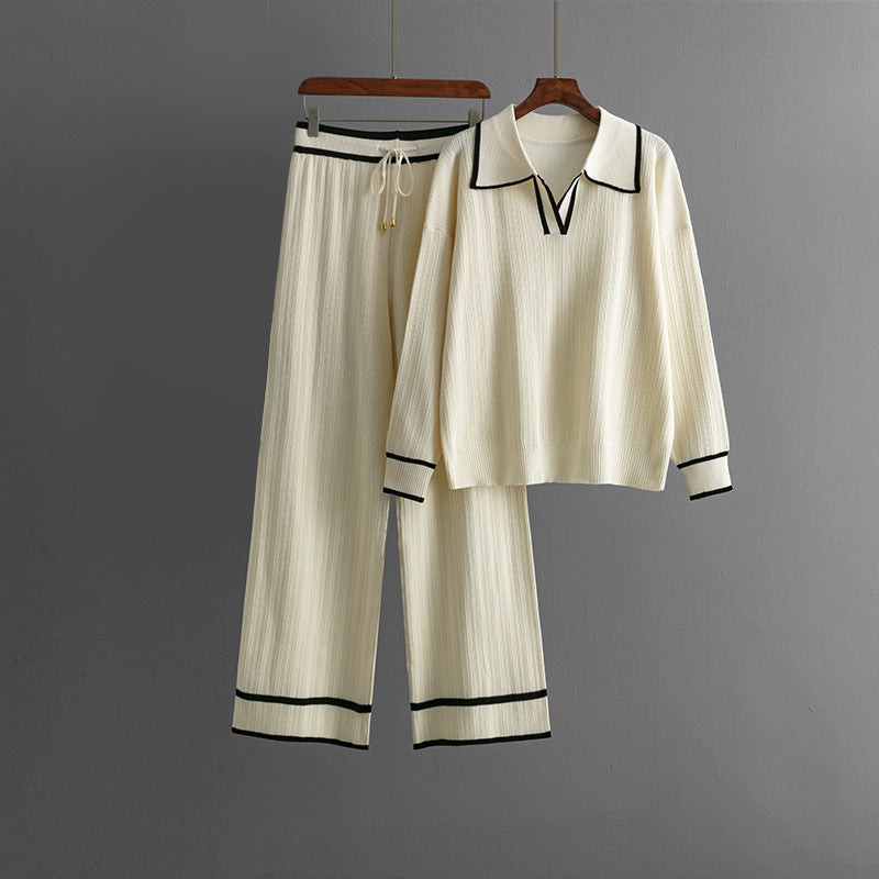 Ensemble Maille Urbain Élise Leroy Pull À Col Revers Et Pantalon Large Confort Élégant