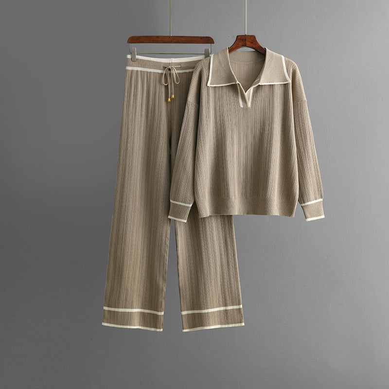 Ensemble Maille Urbain Élise Leroy Pull À Col Revers Et Pantalon Large Confort Élégant