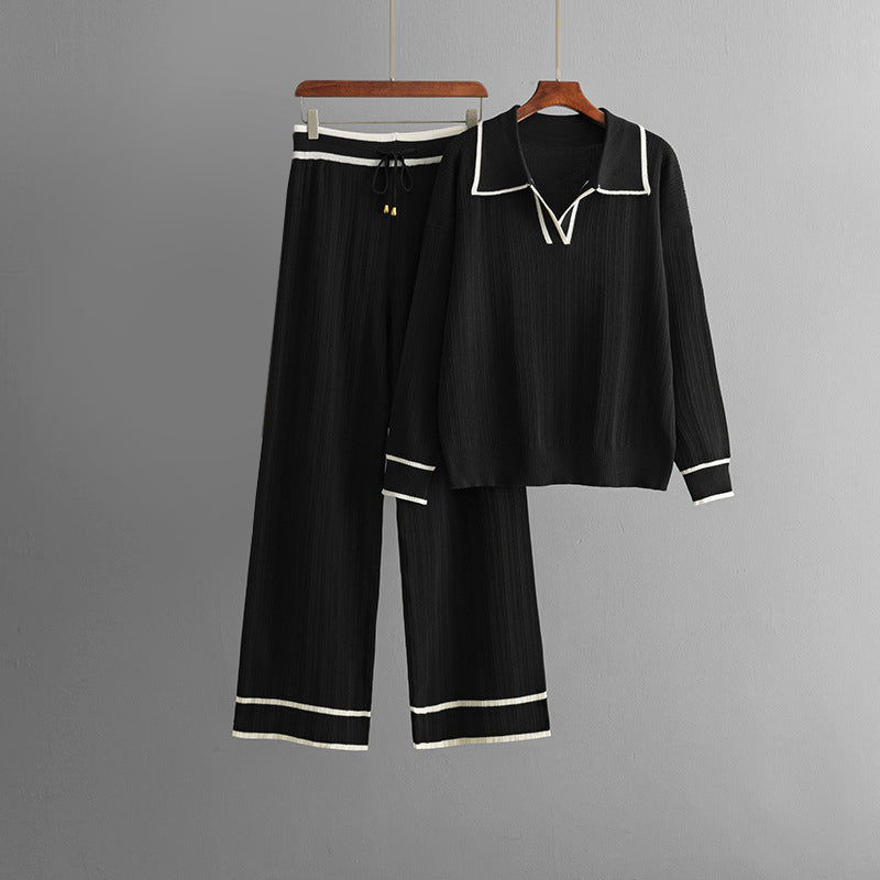 Ensemble Maille Urbain Élise Leroy Pull À Col Revers Et Pantalon Large Confort Élégant