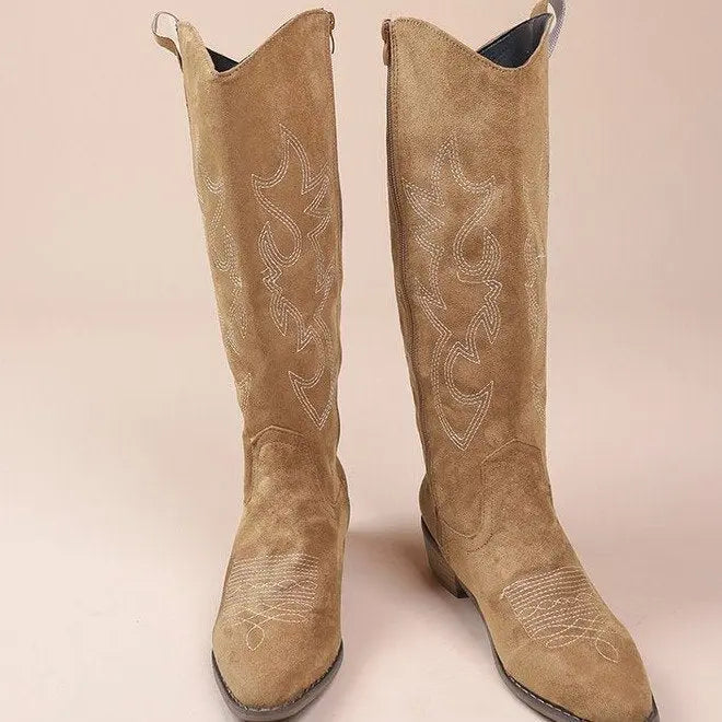 Bottes Cowboy V Cut Pour Femme Vintage Avec Broderie Ethnique Luxueuse Et Confortable En Kaki Marron Foncé Rose