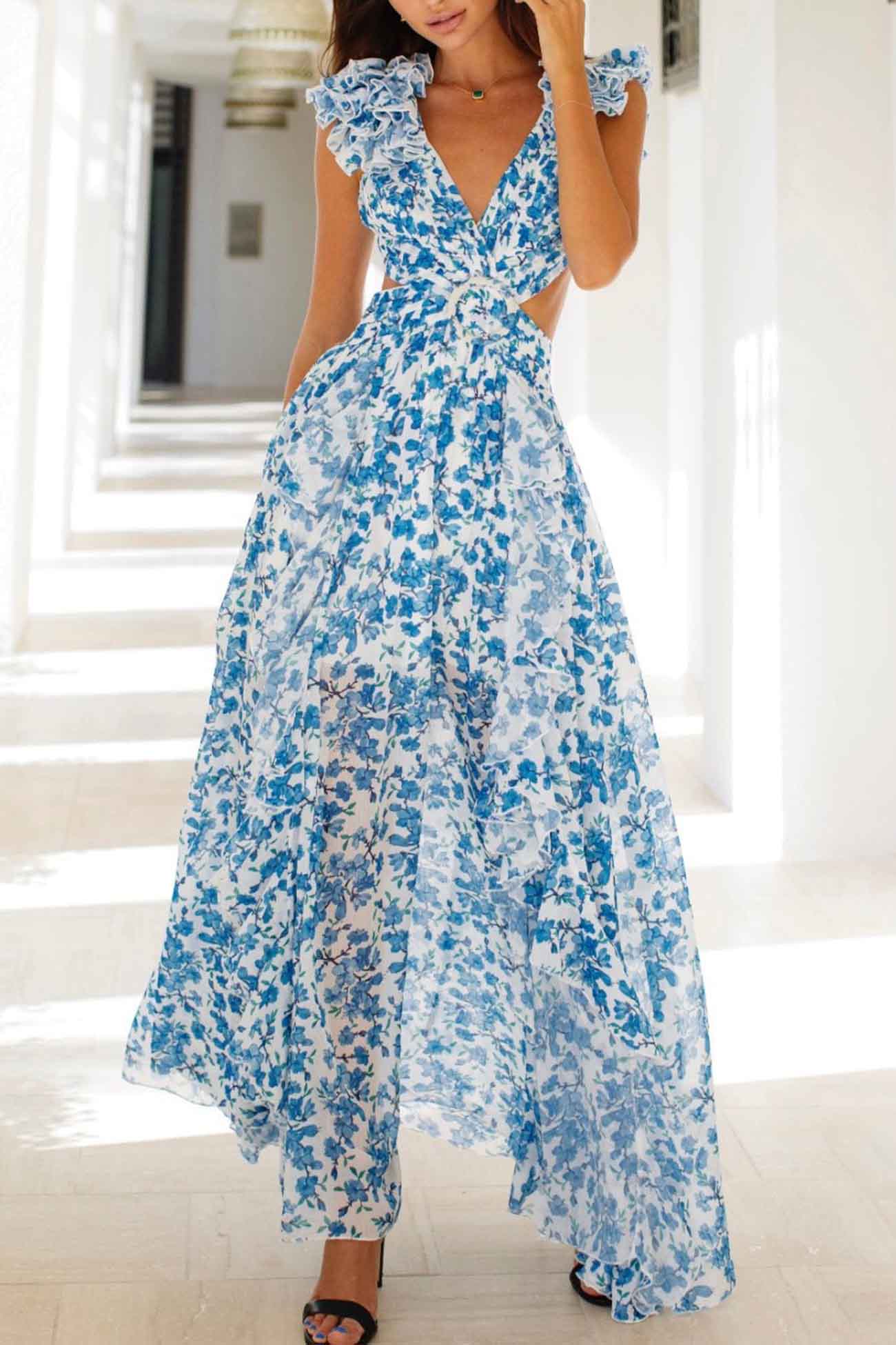 Robe Maxi Florale À Encolure V Pour Femme Élégante Et Fluide Pour Toutes Occasions