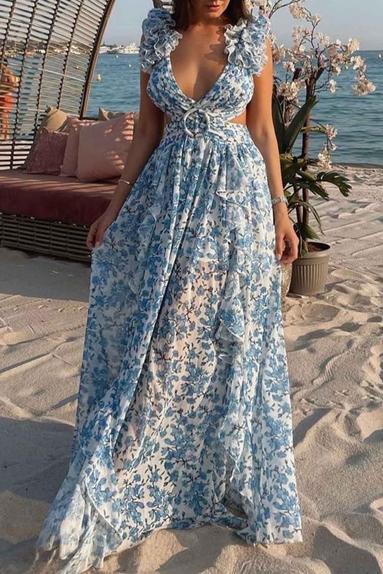 Robe Maxi Florale À Encolure V Pour Femme Élégante Et Fluide Pour Toutes Occasions