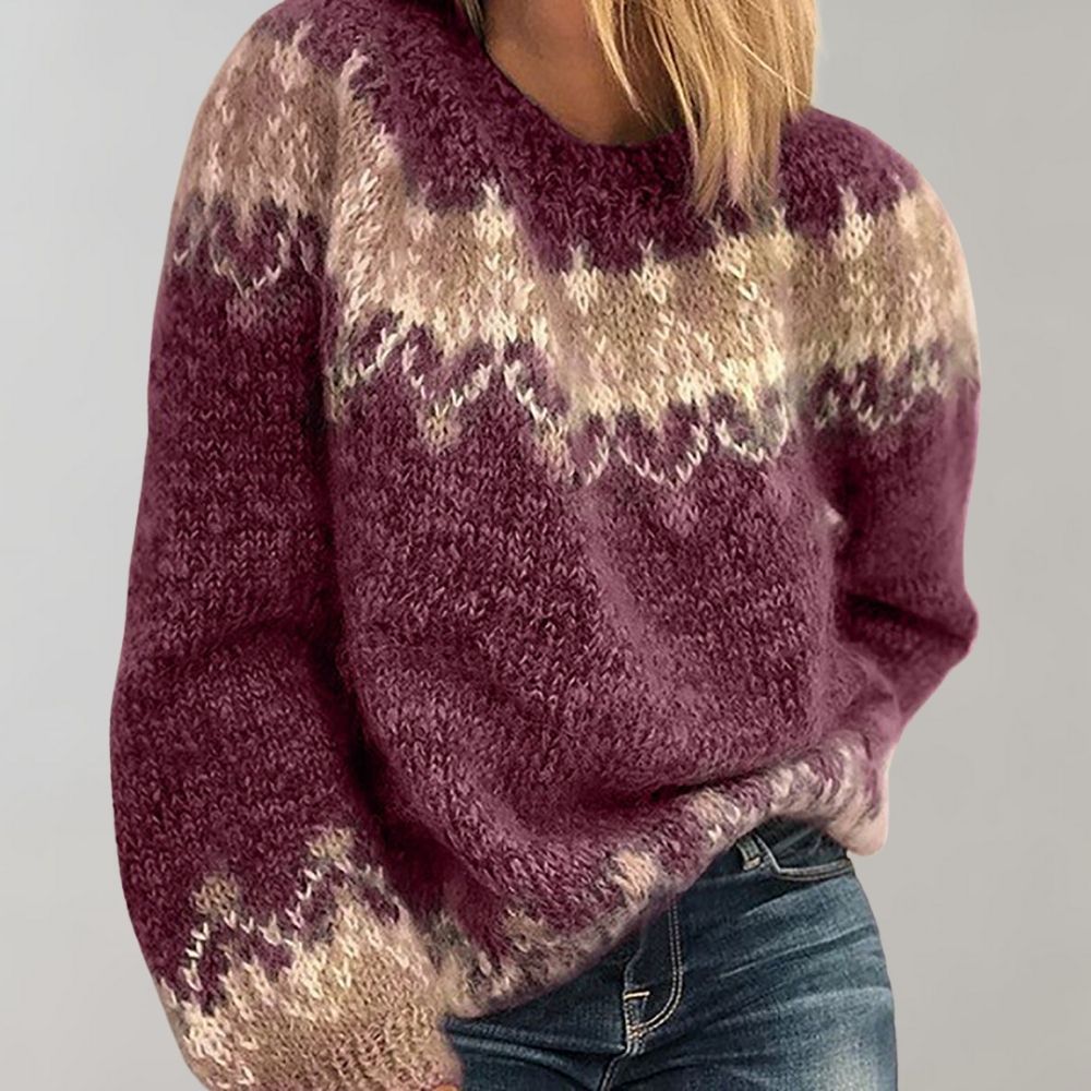 Pull Tricot Chunky Femme Coupe Oversize En Laine Mélangée Motif Zigzag Col Rond Confortable