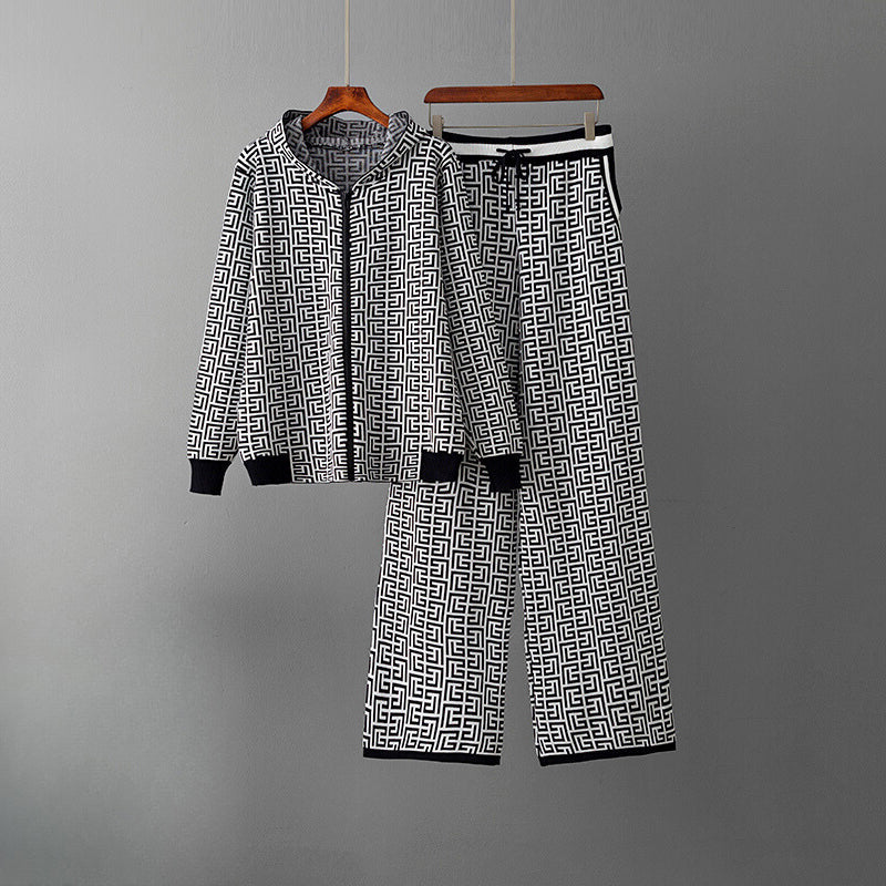 Ensemble Beauté Abstract Valentina Rossi Avec Cardigan À Capuche Pantalon Large En Viscose Doux Motif Géométrique