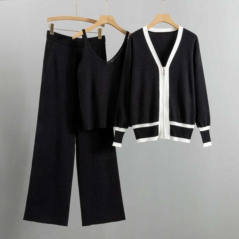 Ensemble Tricot Valentina Rossi Trois Pièces Pantalon À Jambe Large Haut Sans Manches Cardigan Tricot