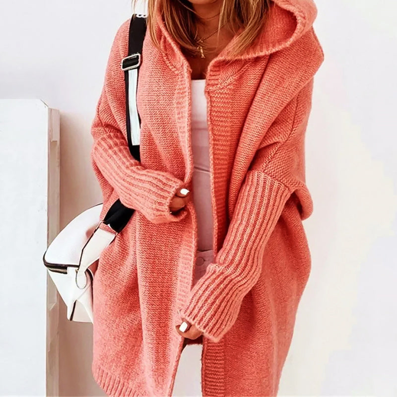 Cardigan Tricot Décontracté À Capuche Valentina Rossi Oversize Longueur Genou Amawinc