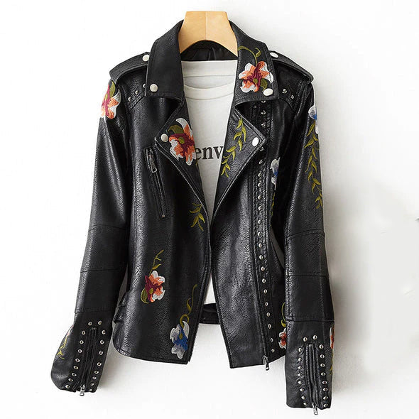Valentina Rossi Veste Rétro En Cuir PU Vegan Avec Broderies Florales Poches Zippées Et Détails Argentés