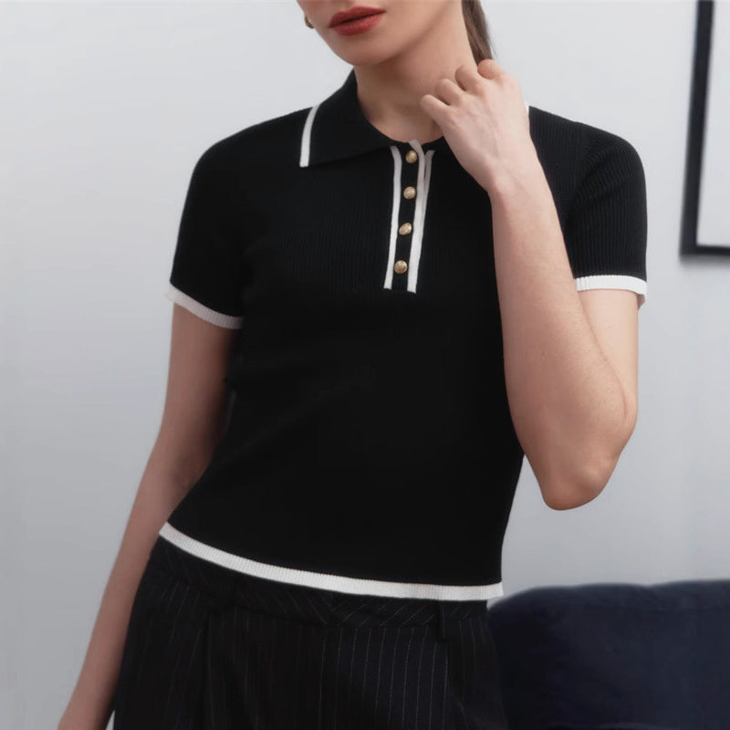 Top En Maille Côtelée Valentina Rossi Avec Revers Contrasté Et Boutons Dorés Pour Femme Élégante