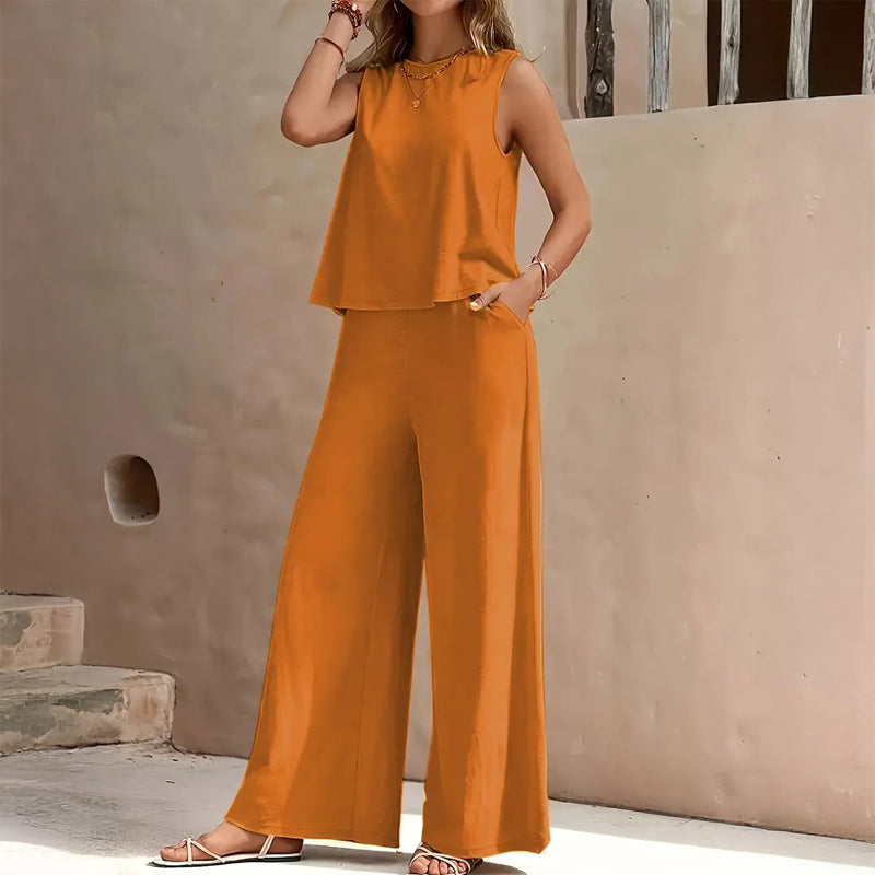 Valentina Rossi Solza Ensemble Deux Pièces Décontracté Haut Sans Manches et Pantalon Large Évasé Été