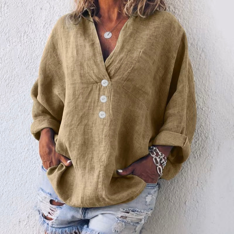 Blouse Mélange Lin-Coton Valentina Rossi Tuscania, Coupe Décontractée Oversize, Manches Droppées, Poche Poitrine