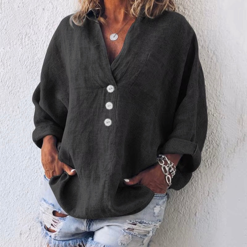 Blouse Mélange Lin-Coton Valentina Rossi Tuscania, Coupe Décontractée Oversize, Manches Droppées, Poche Poitrine