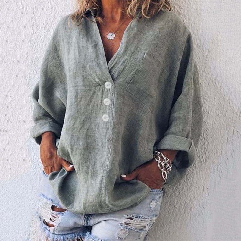 Blouse Mélange Lin-Coton Valentina Rossi Tuscania, Coupe Décontractée Oversize, Manches Droppées, Poche Poitrine
