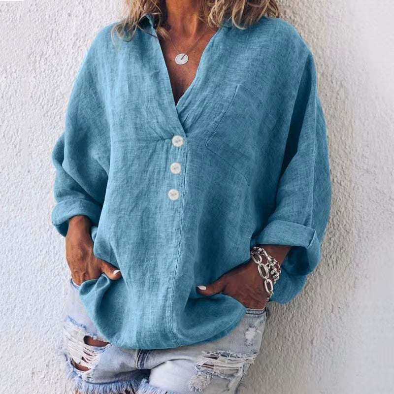 Blouse Mélange Lin-Coton Valentina Rossi Tuscania, Coupe Décontractée Oversize, Manches Droppées, Poche Poitrine