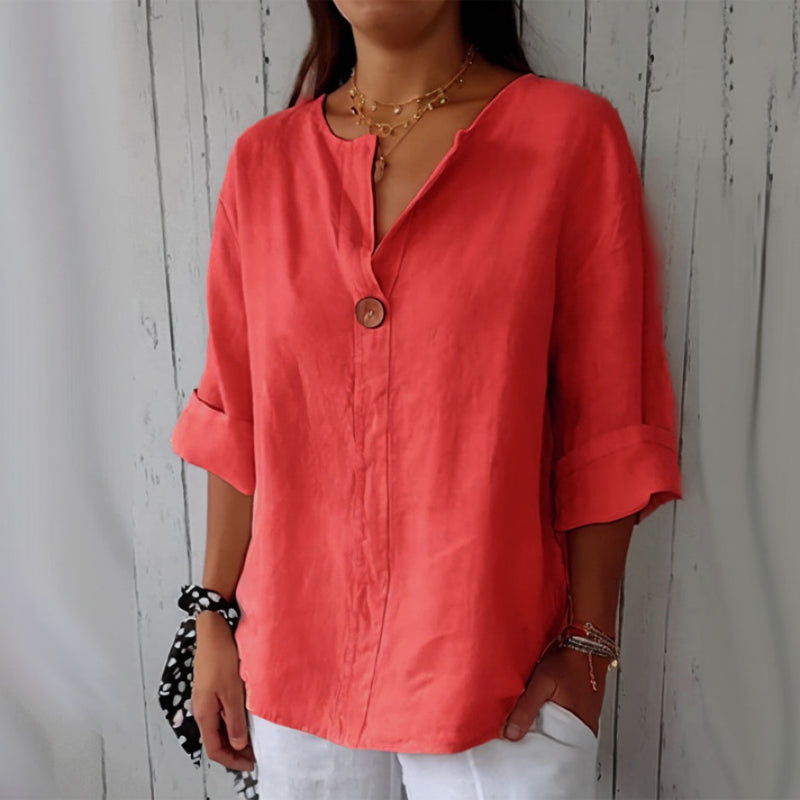 Anna Blouse En Lin Col V Décontractée Manches Roulées Longueur Hanche Pour Printemps Été