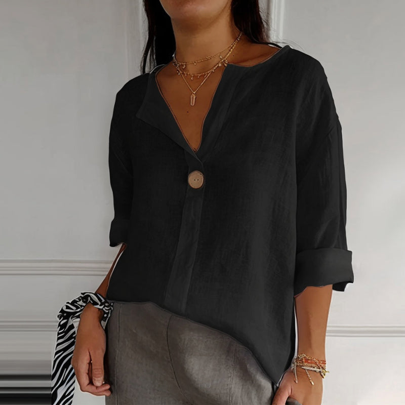 Anna Blouse En Lin Col V Décontractée Manches Roulées Longueur Hanche Pour Printemps Été