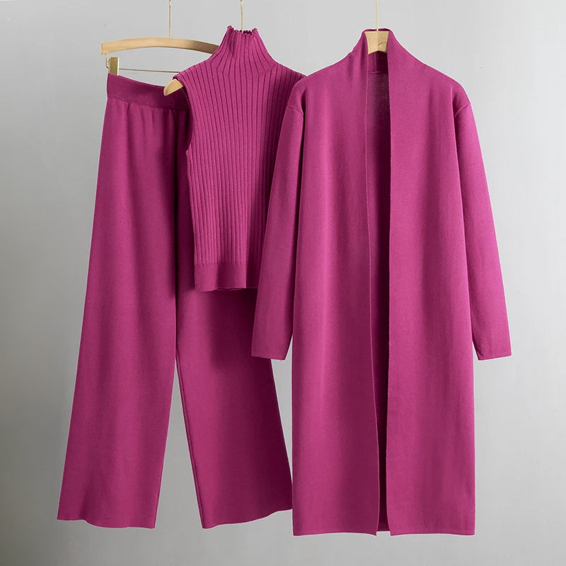 Valentina Rossi Vicenza Ensemble 3 Pièces Cardigan À Mailles Ouvertes Pantalon Large Et Col Ras Du Cou Sans Manches