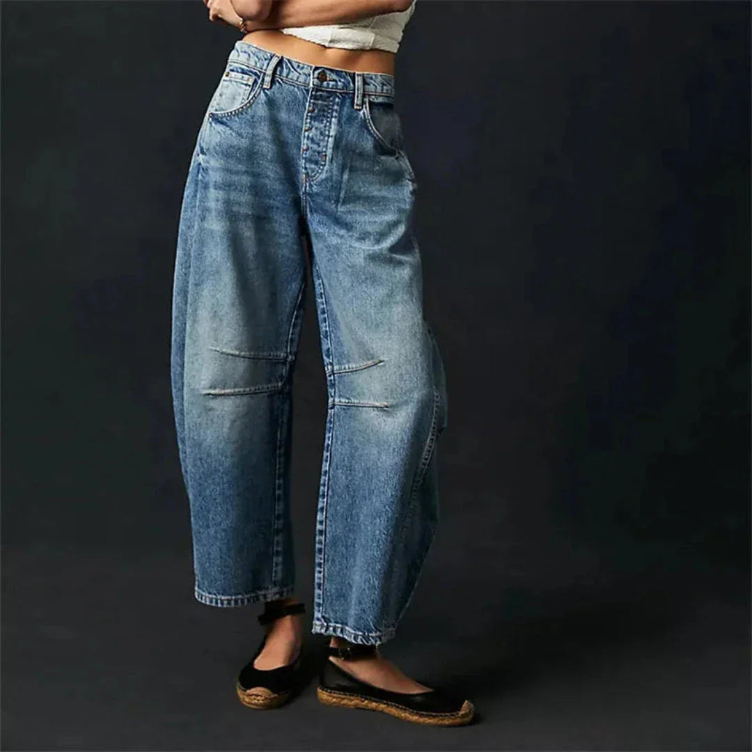 Valeria Pantalon Jean Barrel À Taille Mi Haute Denim Vintage Délavé Confort Tout Au Long De L Annee