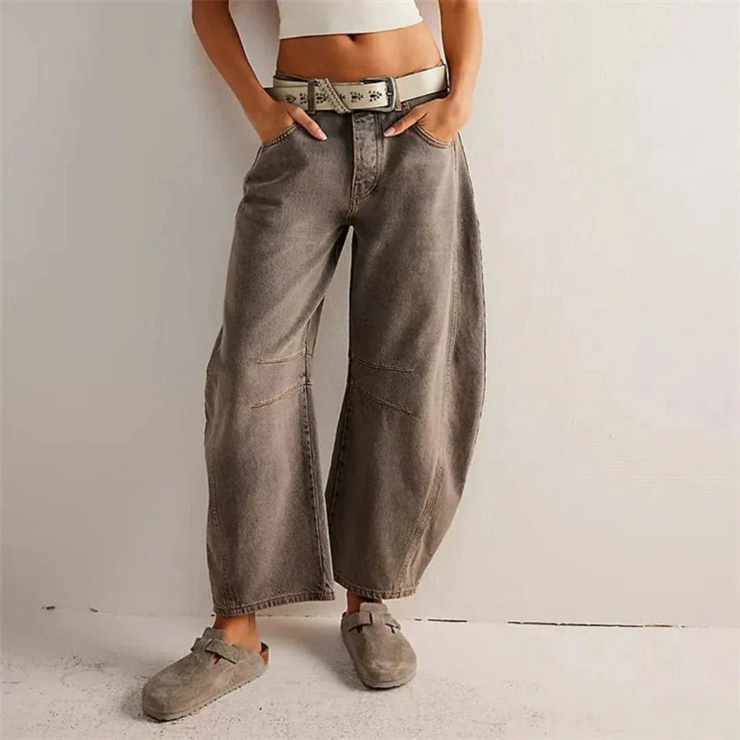 Valeria Pantalon Jean Barrel À Taille Mi Haute Denim Vintage Délavé Confort Tout Au Long De L Annee
