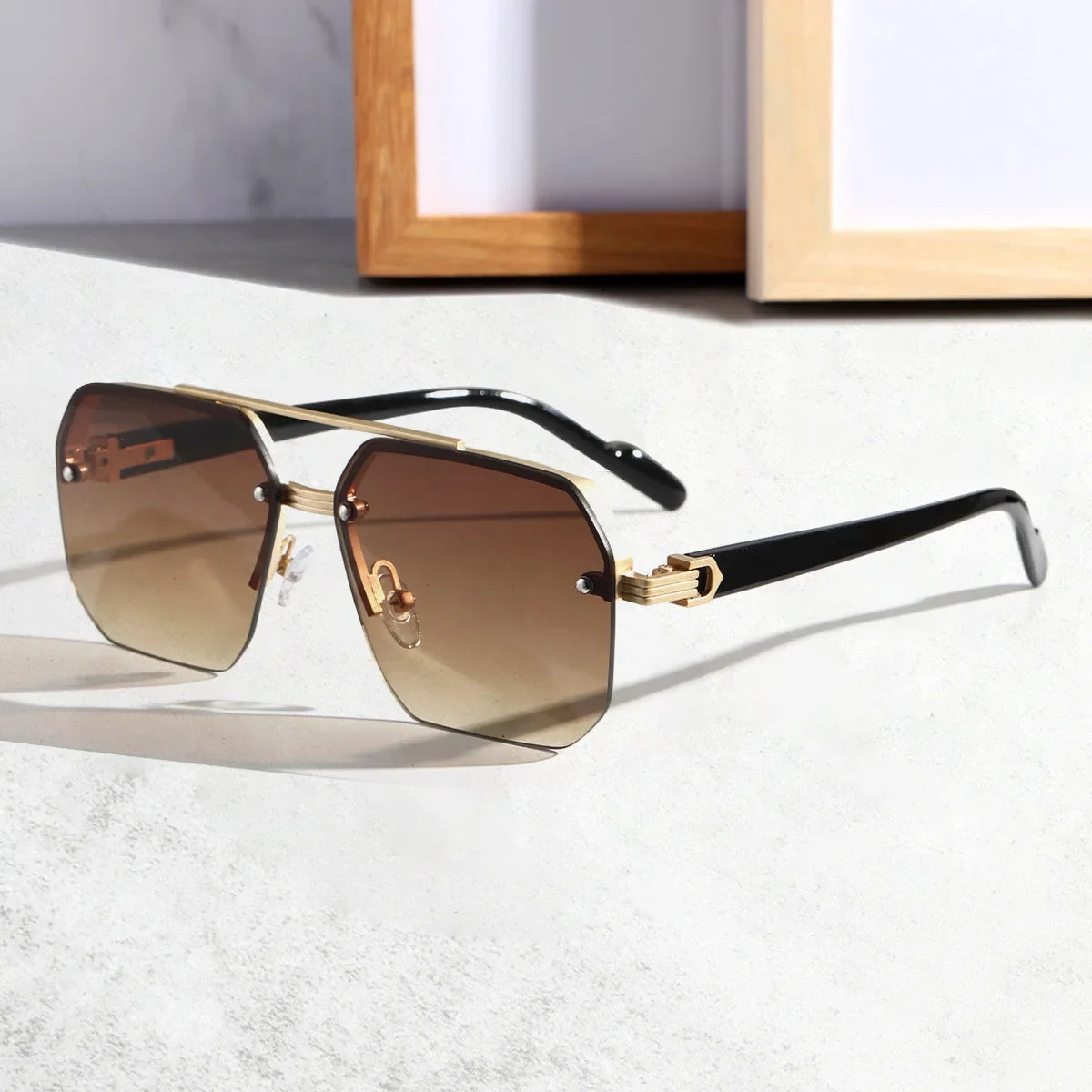 Lunettes de Soleil Vanguard Hex sans Monture avec Lentilles Géométriques Pont Bras en Métal UV400 Gradient