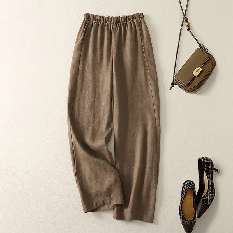 Verona Pantalon en Lin Mélangé à Jambe Droite avec Ceinture Élastique pour le Bureau et la Soirée Élégance Naturelle