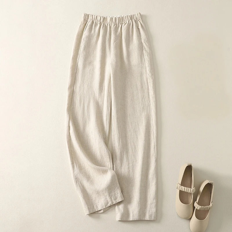 Verona Pantalon en Lin Mélangé à Jambe Droite avec Ceinture Élastique pour le Bureau et la Soirée Élégance Naturelle