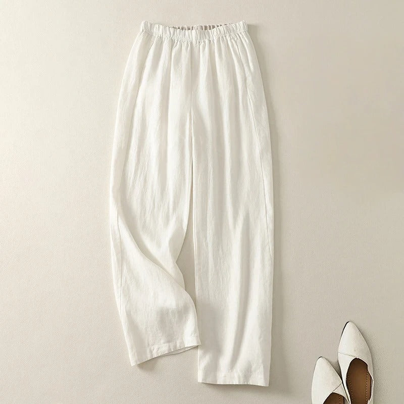 Verona Pantalon en Lin Mélangé à Jambe Droite avec Ceinture Élastique pour le Bureau et la Soirée Élégance Naturelle