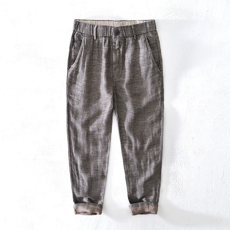 Pantalon En Lin Décontracté À Ourlet Roulé Avec Bouton Devant Taille Élastique Et Jambe Fuselée Confortable Idéal Fin De Semaine