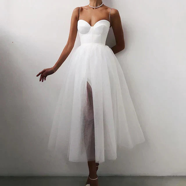 Robe Midi Femme Coupe A-Line Jupe Tulle Élégante Col en Cœur pour Cérémonies et Réceptions
