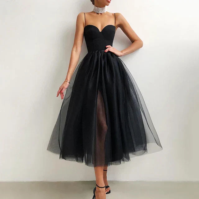 Robe Midi Femme Coupe A-Line Jupe Tulle Élégante Col en Cœur pour Cérémonies et Réceptions