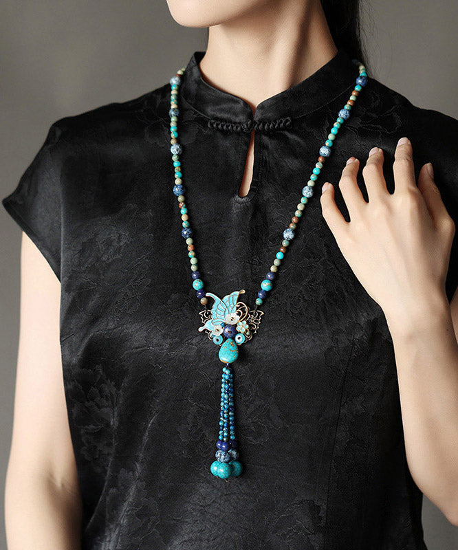 Collier pendentif papillon coquillage turquoise en alliage vintage - Amawinc