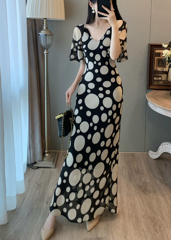 Robe de vacances vintage en mousseline de soie à imprimé noir pour l'été - Amawinc